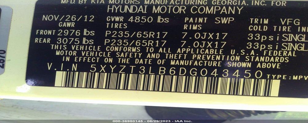 5XYZT3LB6DG043450 2013 HYUNDAI SANTA FE photo no. 9