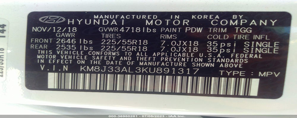 KM8J33AL3KU891317 2019 HYUNDAI TUCSON photo no. 9