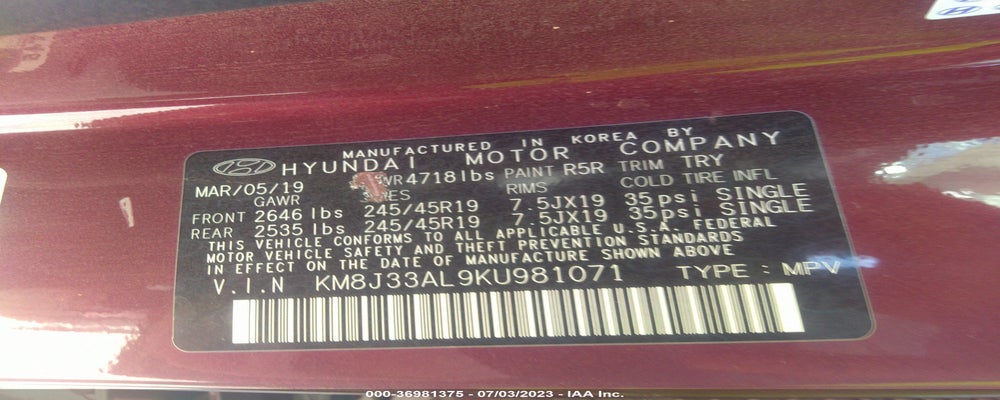 KM8J33AL9KU981071 2019 HYUNDAI TUCSON photo no. 9