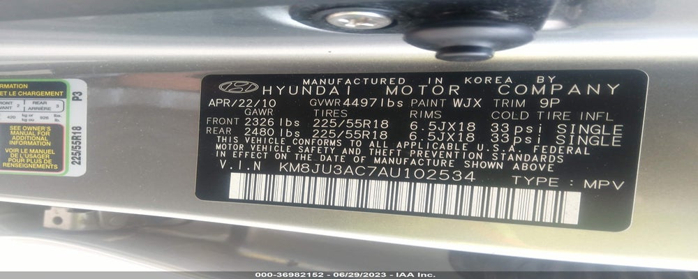KM8JU3AC7AU102534 2010 HYUNDAI TUCSON photo no. 9