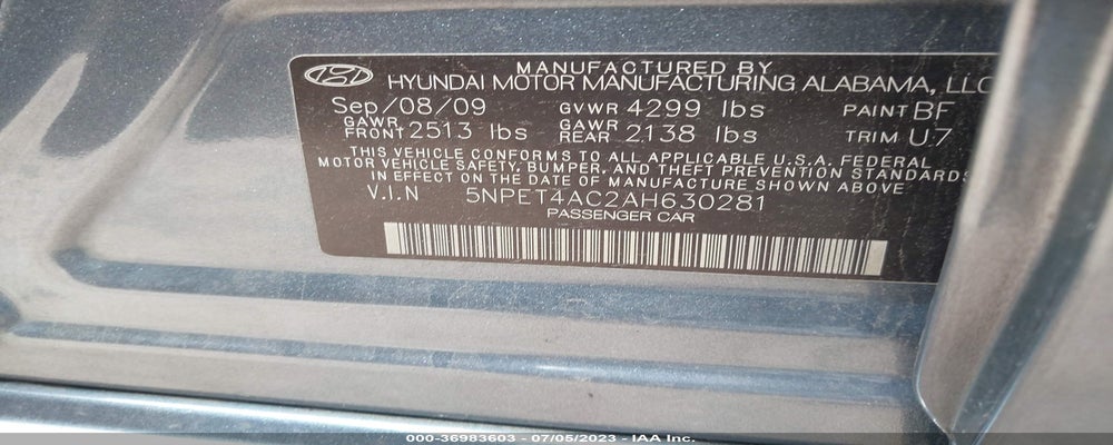 5NPET4AC2AH630281 2010 HYUNDAI SONATA photo no. 9