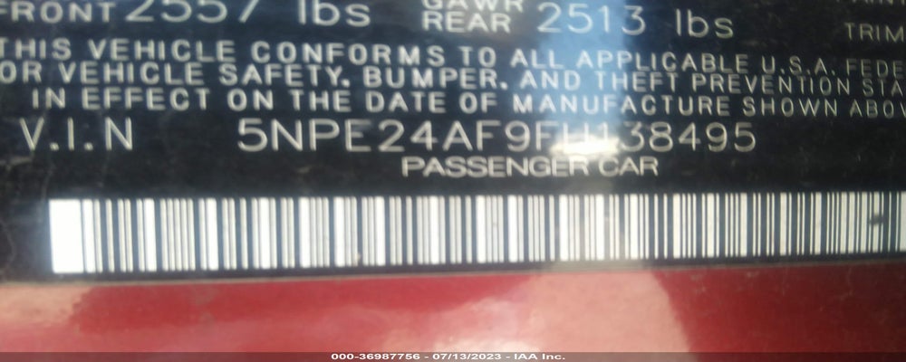 5NPE24AF9FH138495 2015 HYUNDAI SONATA photo no. 9