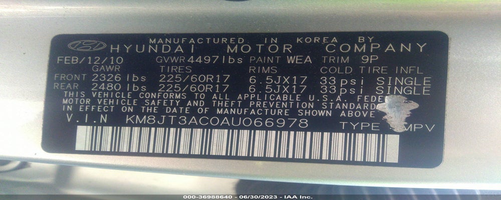 KM8JT3AC0AU066978 2010 HYUNDAI TUCSON photo no. 9