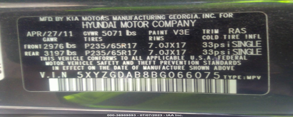5XYZGDAB8BG066075 2011 HYUNDAI SANTA FE photo no. 9