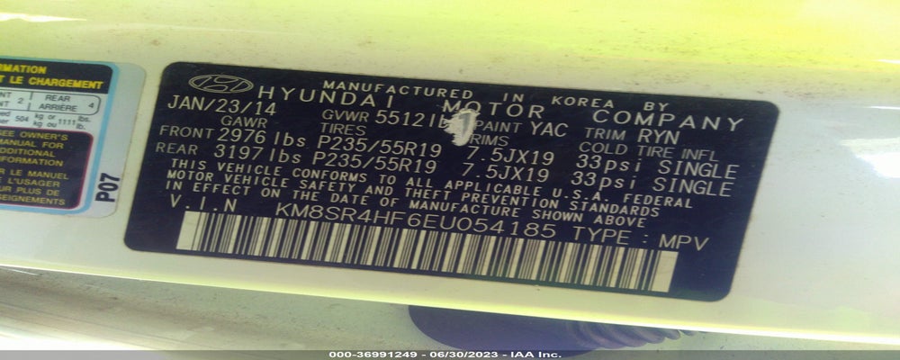 KM8SR4HF6EU054185 2014 HYUNDAI SANTA FE photo no. 9