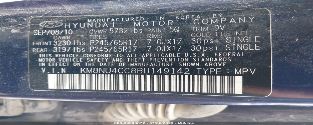 KM8NU4CC8BU149142 2011 HYUNDAI VERACRUZ photo no. 9