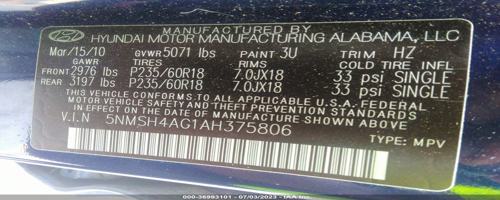 5NMSH4AG1AH375806 2010 HYUNDAI SANTA FE photo no. 9