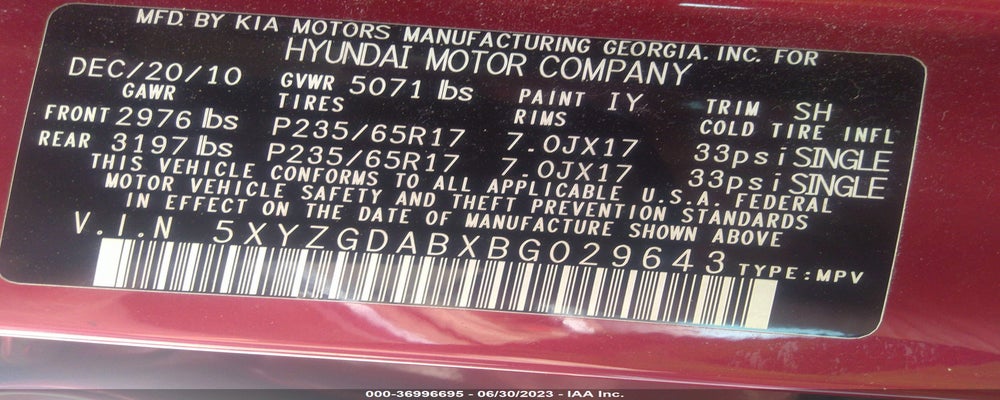 5XYZGDABXBG029643 2011 HYUNDAI SANTA FE photo no. 9