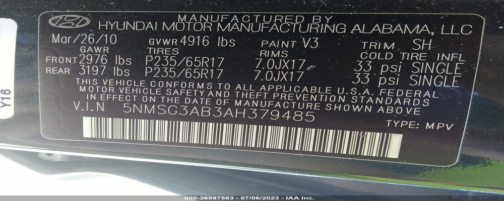5NMSG3AB3AH379485 2010 HYUNDAI SANTA FE photo no. 9