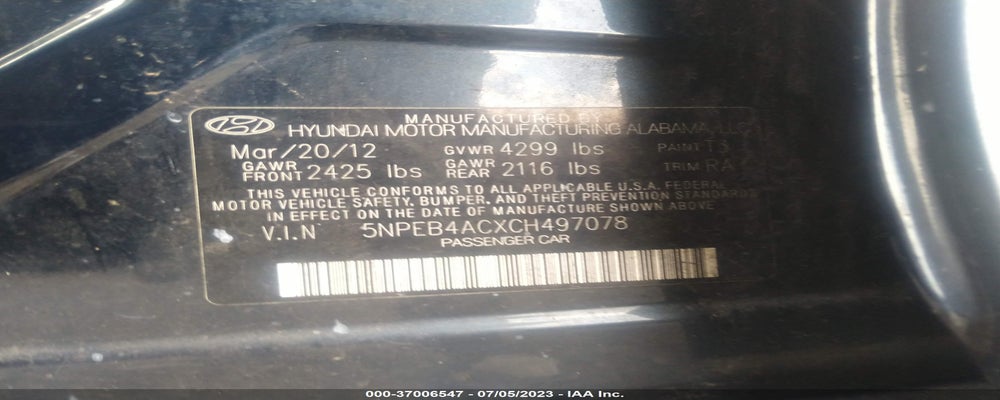 5NPEB4ACXCH497078 2012 HYUNDAI SONATA photo no. 9