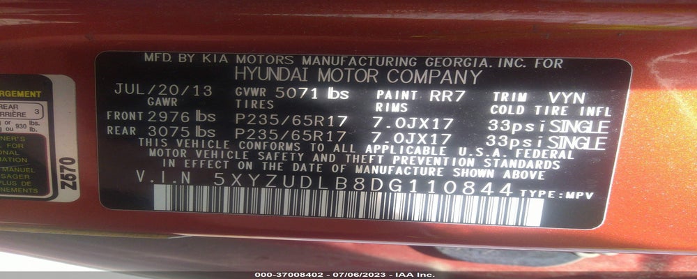 5XYZUDLB8DG110844 2013 HYUNDAI SANTA FE photo no. 9