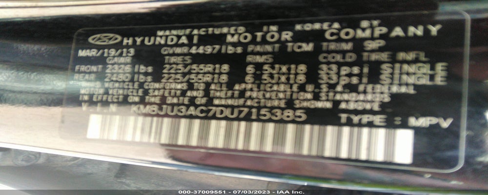 KM8JU3AC7DU715385 2013 HYUNDAI TUCSON photo no. 9