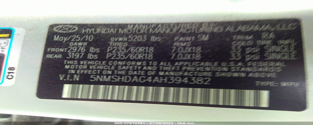 5NMSHDAG4AH394382 2010 HYUNDAI SANTA FE photo no. 9