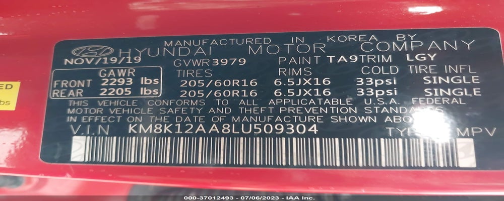 KM8K12AA8LU509304 2020 HYUNDAI KONA photo no. 9
