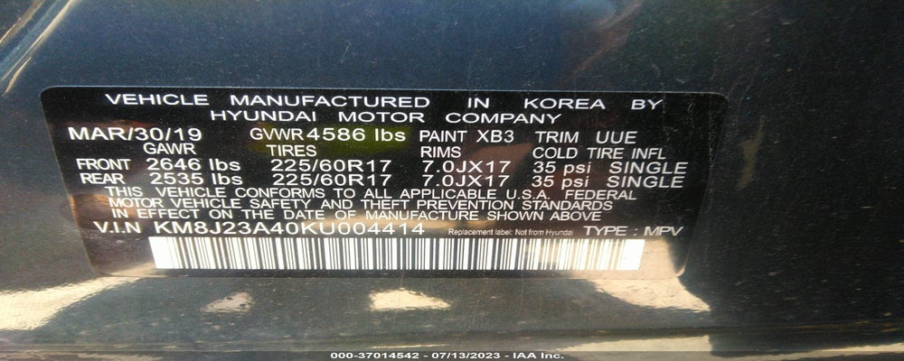 KM8J23A40KU004414 2019 HYUNDAI TUCSON photo no. 9