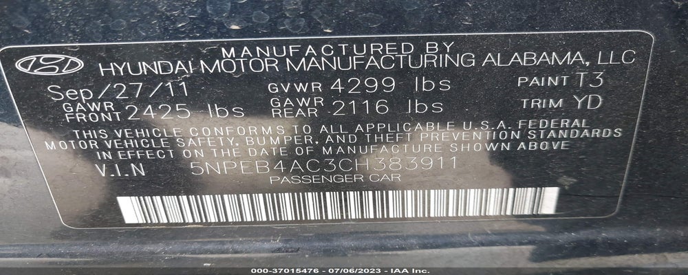 5NPEB4AC3CH383911 2012 HYUNDAI SONATA photo no. 9
