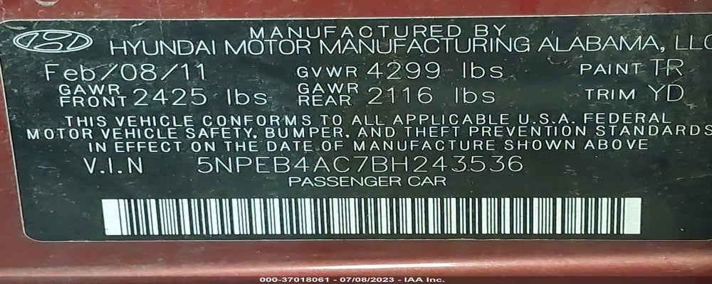 5NPEB4AC7BH243536 2011 HYUNDAI SONATA photo no. 9