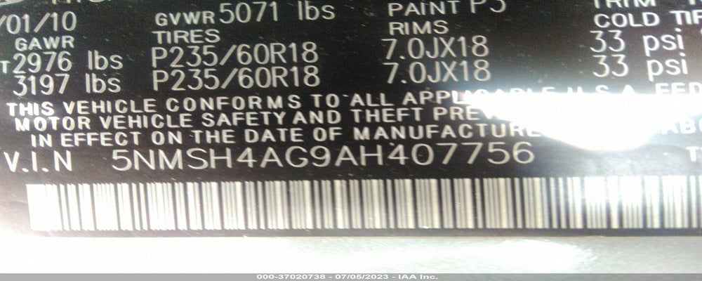 5NMSH4AG9AH407756 2010 HYUNDAI SANTA FE photo no. 9