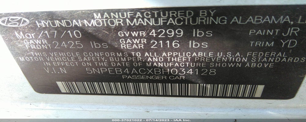 5NPEB4ACXBH034128 2011 HYUNDAI SONATA photo no. 9