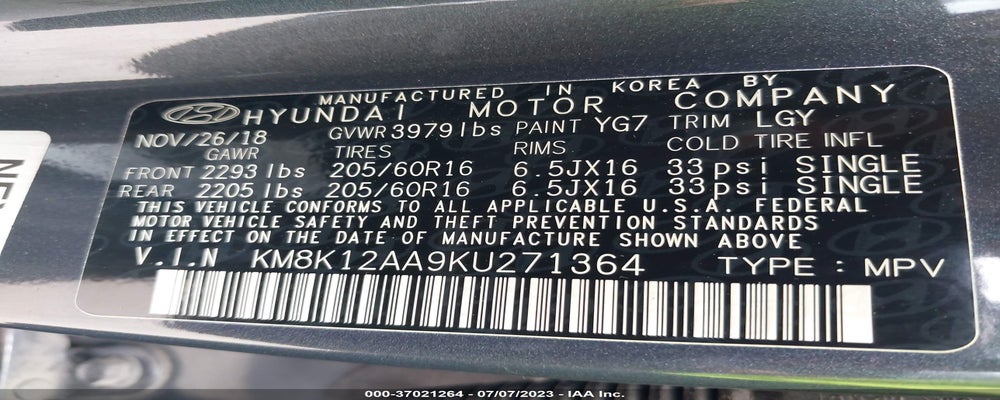 KM8K12AA9KU271364 2019 HYUNDAI KONA photo no. 9