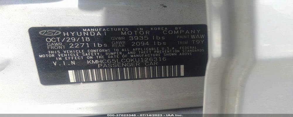 KMHC65LC0KU126316 2019 HYUNDAI IONIQ photo no. 9