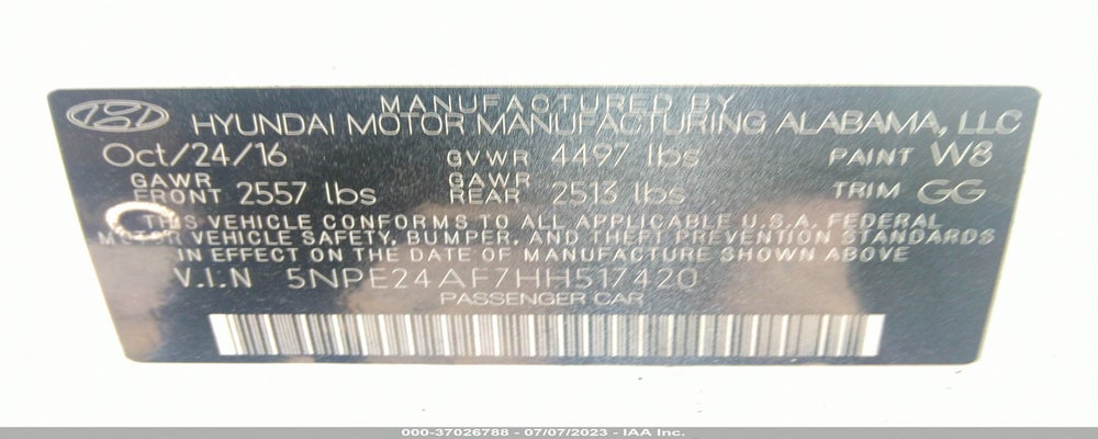 5NPE24AF7HH517420 2017 HYUNDAI SONATA photo no. 9