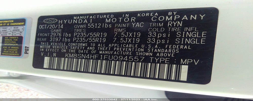 KM8SN4HF1FU094557 2015 HYUNDAI SANTA FE photo no. 9