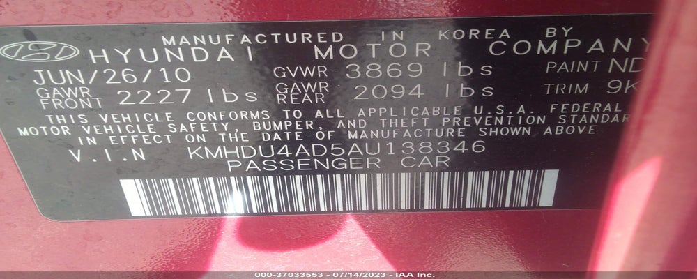 KMHDU4AD5AU138346 2010 HYUNDAI ELANTRA photo no. 9