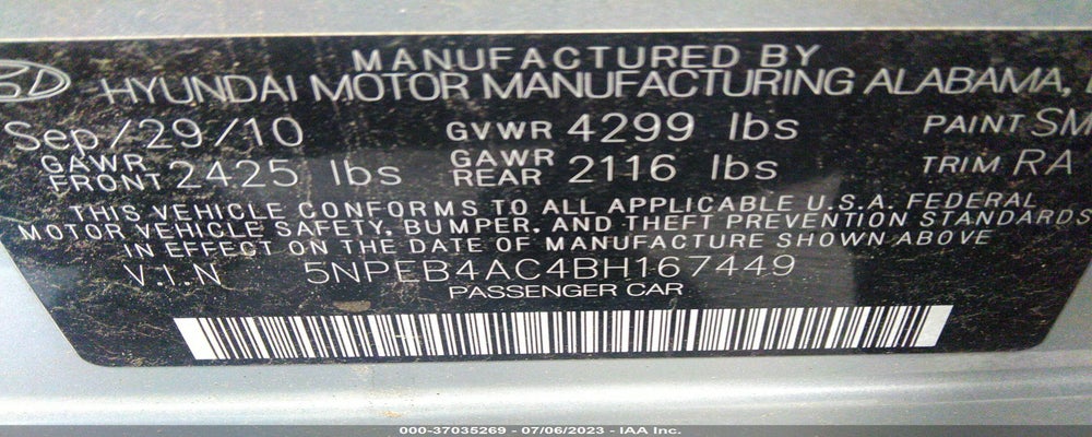5NPEB4AC4BH167449 2011 HYUNDAI SONATA photo no. 9
