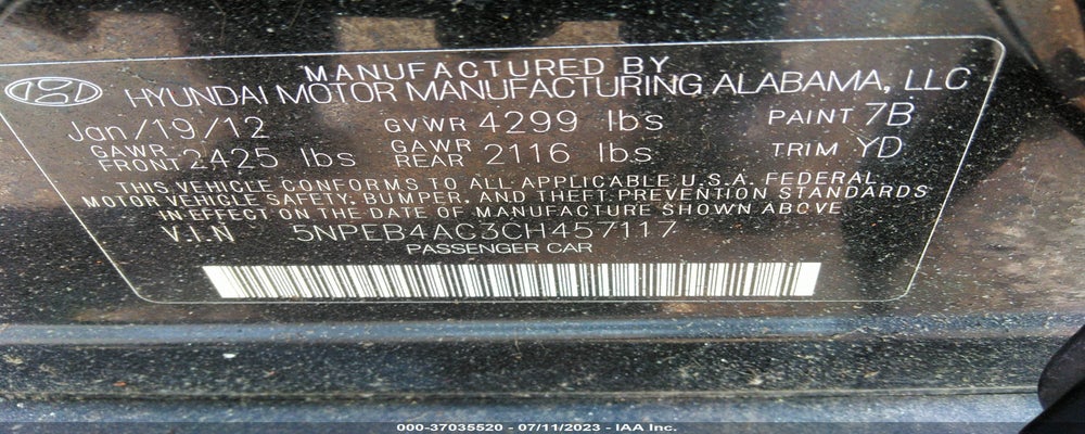 5NPEB4AC3CH457117 2012 HYUNDAI SONATA photo no. 9