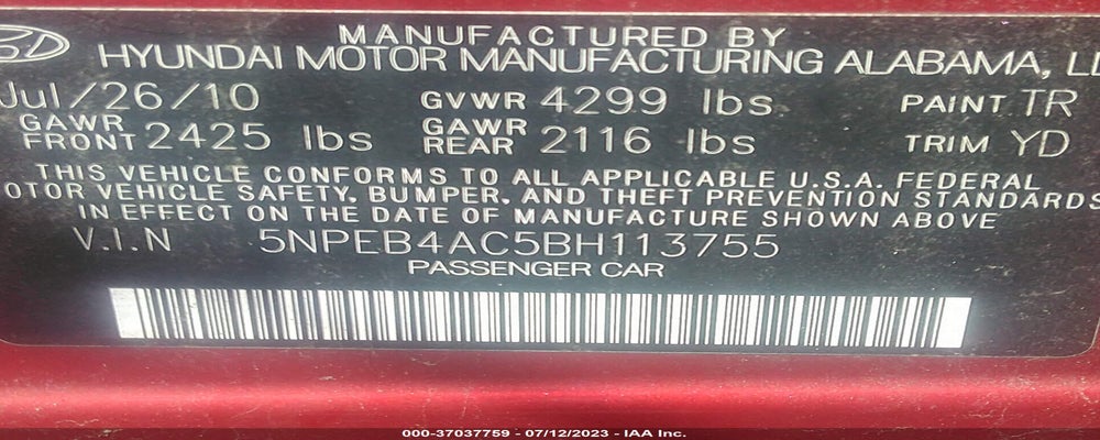 5NPEB4AC5BH113755 2011 HYUNDAI SONATA photo no. 9