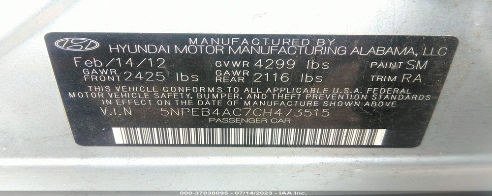 5NPEB4AC7CH473515 2012 HYUNDAI SONATA photo no. 9