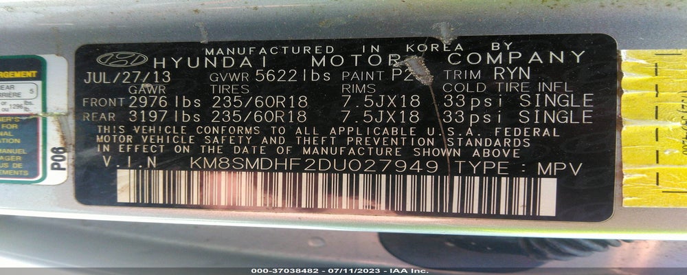 KM8SMDHF2DU027949 2013 HYUNDAI SANTA FE photo no. 9
