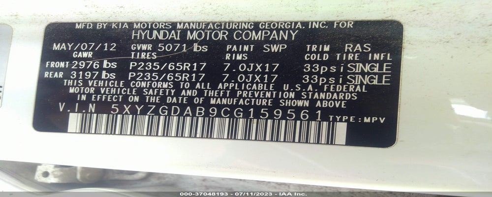 5XYZGDAB9CG159561 2012 HYUNDAI SANTA FE photo no. 9
