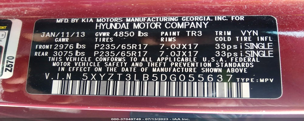 5XYZT3LB5DG055637 2013 HYUNDAI SANTA FE photo no. 9