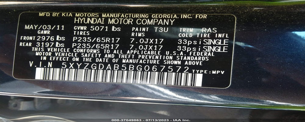 5XYZGDAB5BG067572 2011 HYUNDAI SANTA FE photo no. 9