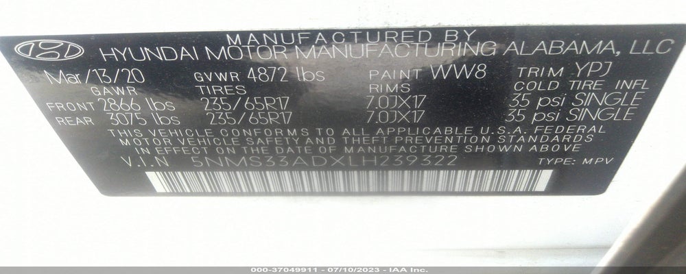 5NMS33ADXLH239322 2020 HYUNDAI SANTA FE photo no. 9
