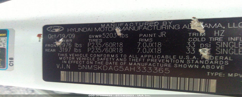 5NMSKDAG5AH333365 2010 HYUNDAI SANTA FE photo no. 9