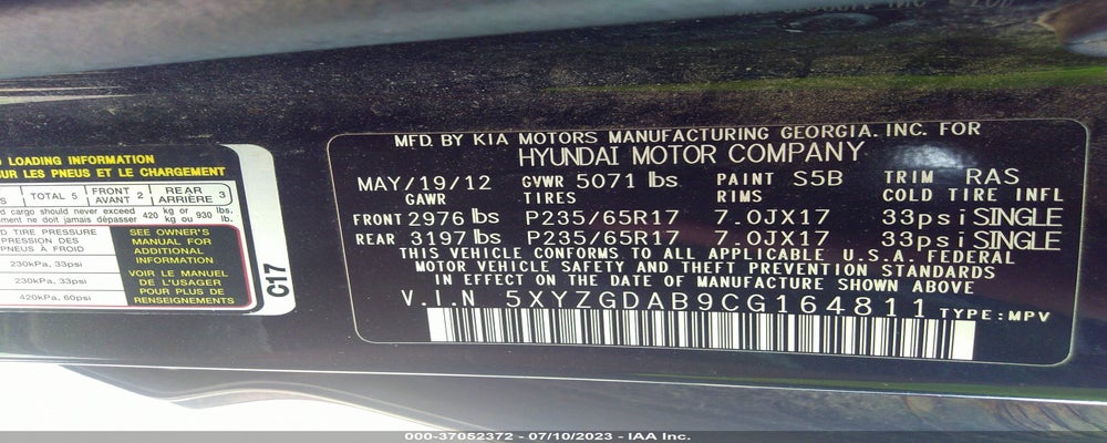 5XYZGDAB9CG164811 2012 HYUNDAI SANTA FE photo no. 9