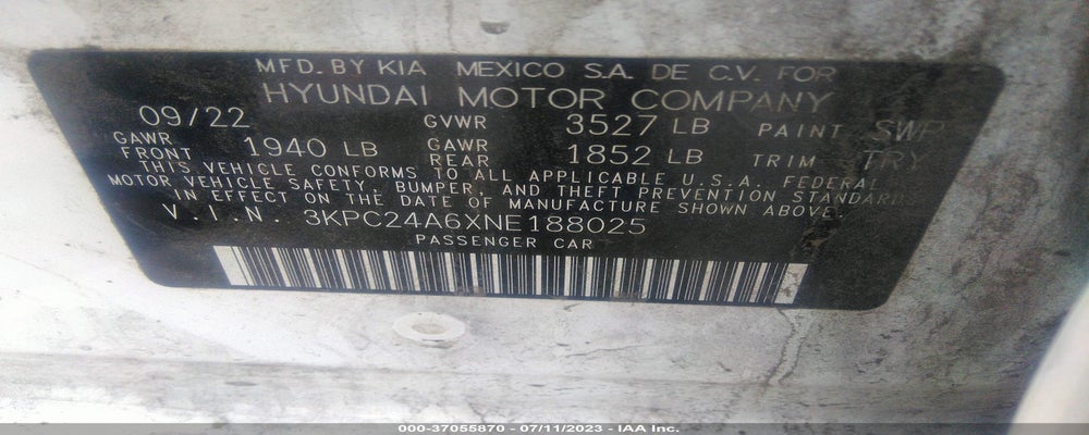 3KPC24A6XNE188025 2022 HYUNDAI ACCENT photo no. 9