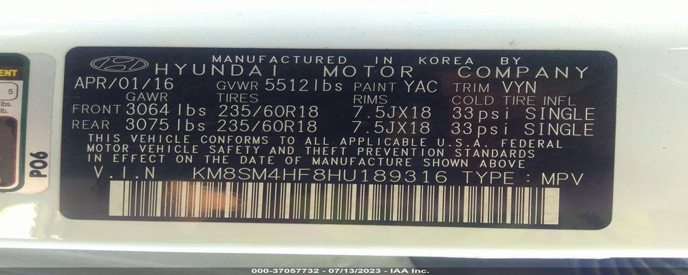 KM8SM4HF8HU189316 2017 HYUNDAI SANTA FE photo no. 9