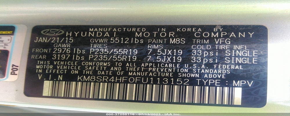 KM8SR4HF0FU113152 2015 HYUNDAI SANTA FE photo no. 9