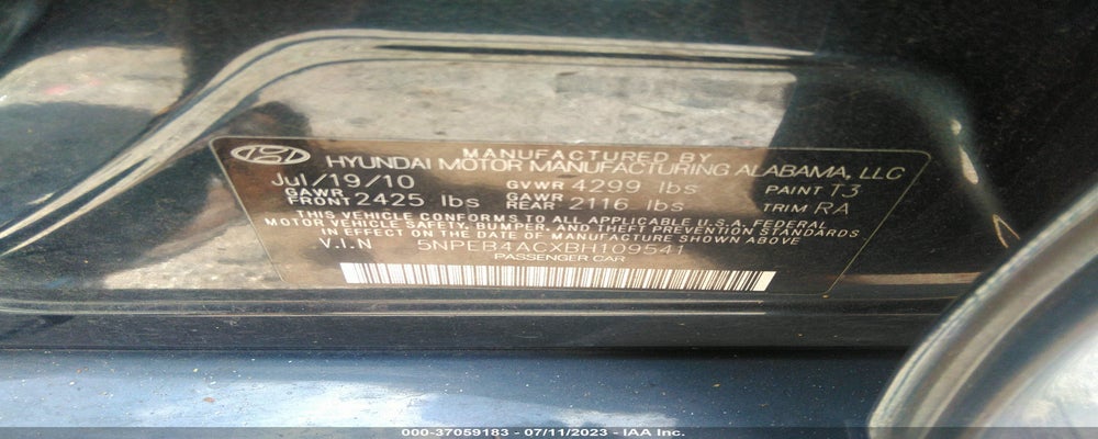 5NPEB4ACXBH109541 2011 HYUNDAI SONATA photo no. 9