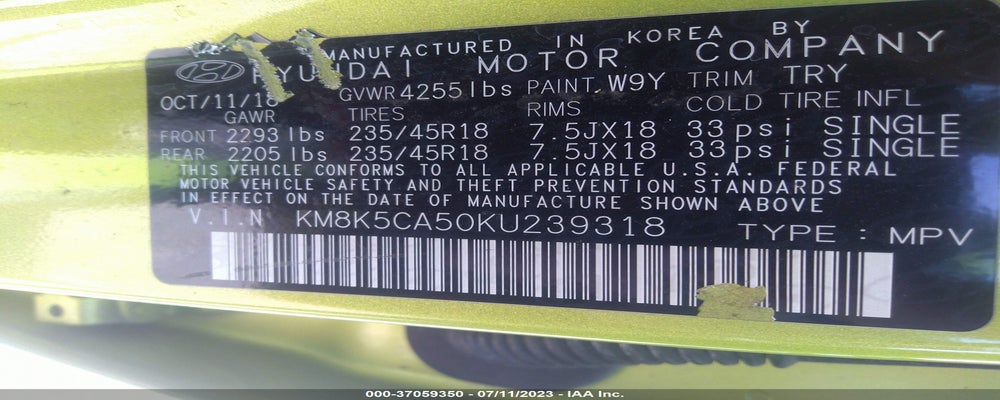 KM8K5CA50KU239318 2019 HYUNDAI KONA photo no. 9