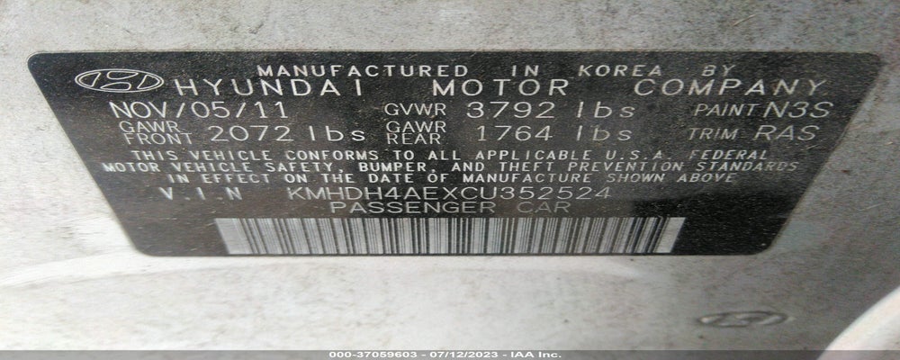 KMHDH4AEXCU352524 2012 HYUNDAI ELANTRA photo no. 9