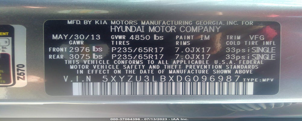 5XYZU3LBXDG096987 2013 HYUNDAI SANTA FE photo no. 9
