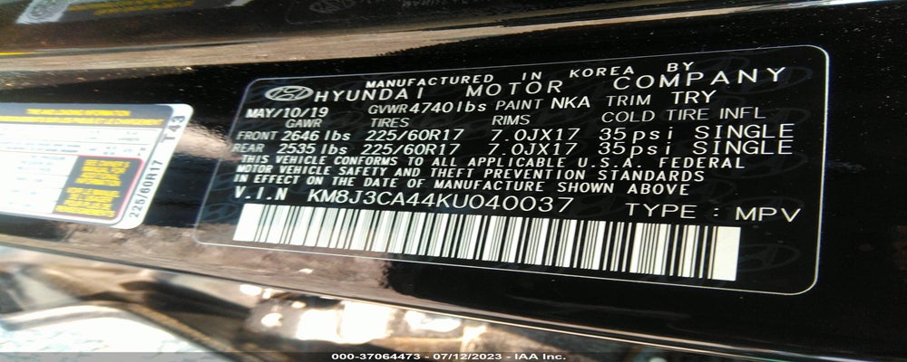 KM8J3CA44KU040037 2019 HYUNDAI TUCSON photo no. 9