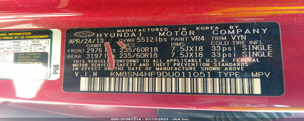 KM8SN4HF9DU011051 2013 HYUNDAI SANTA FE photo no. 9