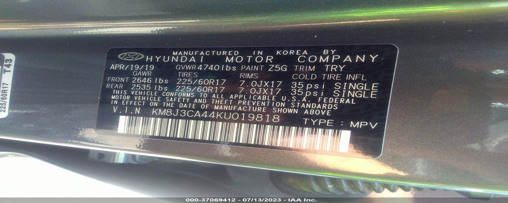 KM8J3CA44KU019818 2019 HYUNDAI TUCSON photo no. 9