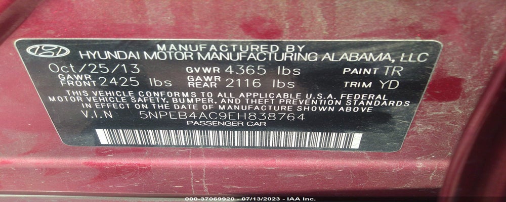 5NPEB4AC9EH838764 2014 HYUNDAI SONATA photo no. 9